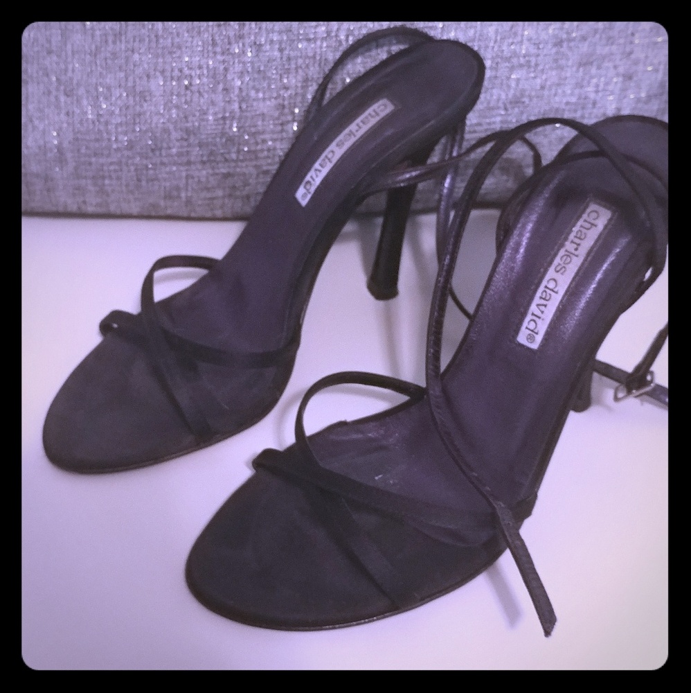 Charles David Sonnet Black Satin Ankle Strap Heels